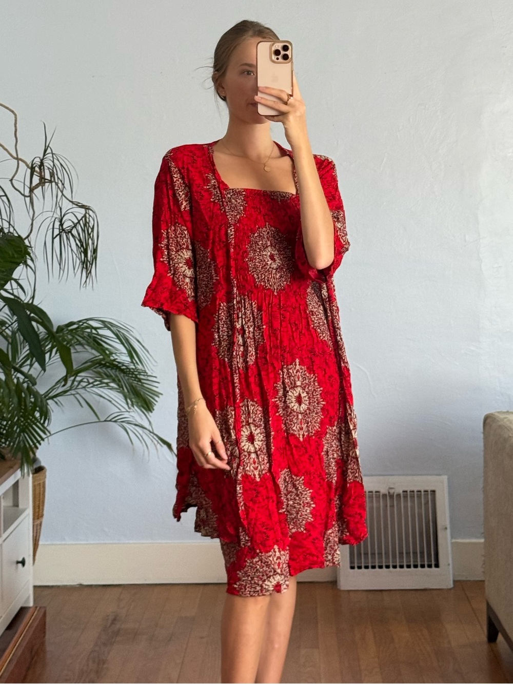 Thailand Red Printed Set, Robe and Matching MIDI Dress can be Strapless